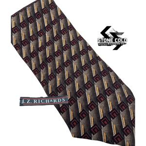JZ Richards‎ Silk Tie Brown Maroon Geometric Handcrafted in USA
